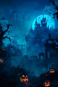 Halloween spooky background with copy space. Silhouette of the which castle, pumpkins, bats, graveyard, trees. High quality photo