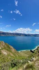 beautiful new zealand landscape of lake hawea from top of breast hill
