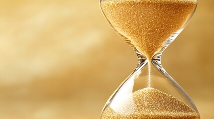 A close-up of an hourglass with grains of sand falling through the narrow neck representing the urgency of time running out Large space for text in center Stock Photo with copy space