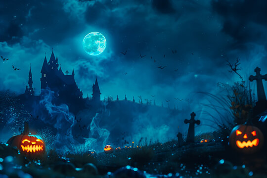 Halloween spooky background with copy space. Silhouette of the which castle, pumpkins, bats, graveyard, trees. High quality photo
