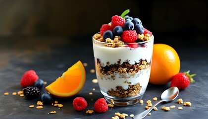 Wall Mural - Delicious yogurt parfait layered with fresh berries, crunchy granola, and vibrant oranges