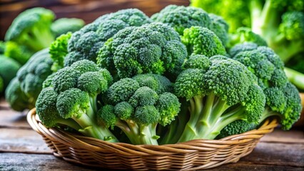 Freshly harvested broccoli is displayed on a rustic table, its vibrant green color popping against the blurred natural background