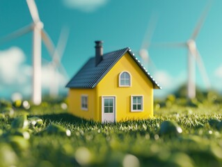 Canvas Print - Yellow House With Wind Turbines In Background.