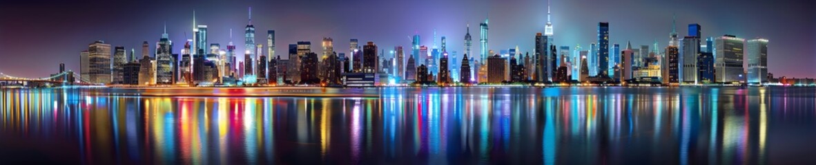 Panoramic photograph of the skyline of New York City at night, with buildings lit up by lights and neon signs, and the buildings along the river reflecting in the water