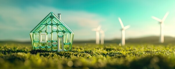 Canvas Print - Green Glass House and Wind Turbines.