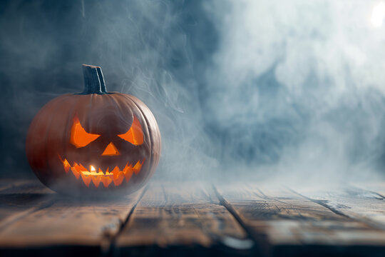 Spooky carved Halloween pumpkin Jack O lantern on a wooden table surrounded by mist. Copy space. High quality photo