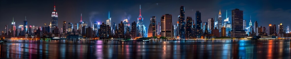 Poster - Panoramic view of the New York skyline at night, with lights from buildings and streetlights reflecting on the Hudson River. The buildings are lit up in various colors, and the skyscrapers tower over 
