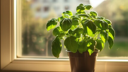 Canvas Print - Fresh basil plant thriving in sunlight by a sunny kitchen window during a beautiful afternoon