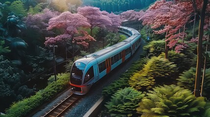 Wall Mural - The train passing through an outdoor garden, the train moving on its track amidst lush vegetation.