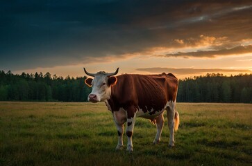 A close up portrait of a white and brown domestic cow standing in a rural meadow field livestock. Blurry verdant forest in a background, golden hour. Animal cattle photography. Bos taurus.