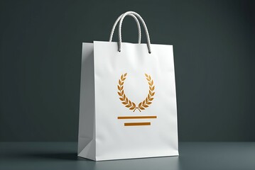 Wall Mural - A white paper bag with a gold laurel wreath sits on a table