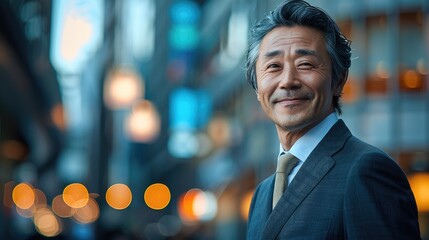 Poster - A smiling senior Japanese businessman in a suit, against a blurred cityscape background.
