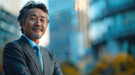 Canvas Print - A smiling senior Japanese businessman in a suit, against a blurred cityscape background.