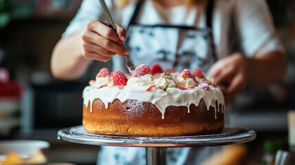 A person decorating a delicious raspberry cake in a cozy kitchen, adding finishing touches with care during the afternoon