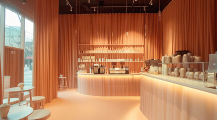 Poster - A modern pop-up coffee store. with curtains and a huge counter.