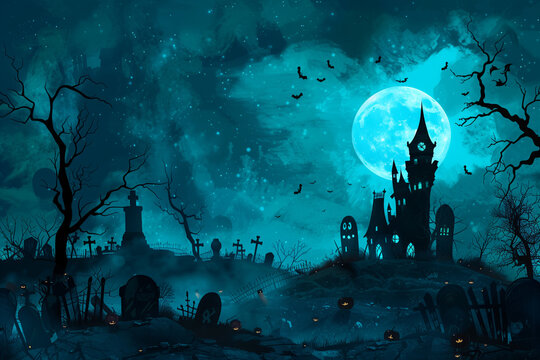Halloween spooky background with copy space. Silhouette of the which castle, pumpkins, bats, graveyard, trees. High quality photo