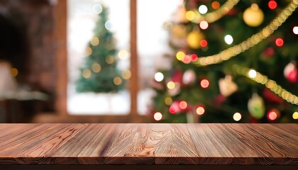 Wall Mural - empty wooden table christmas tree background space text