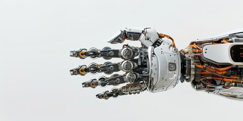 iron robotic hand on white background.  Copy space 