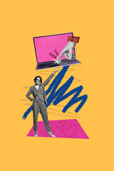 Poster - Creative drawing collage picture of young female businesswoman netbook finger typing eshop browsing billboard comics zine minimal