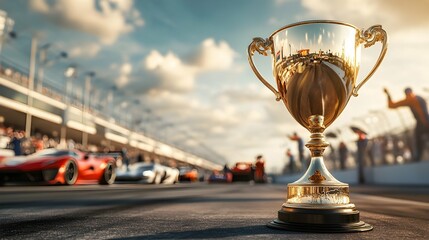 golden trophy cup at car racing event.