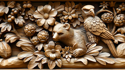 Intricate Wooden Carving of a Bear and Bird Amidst Floral Designs in Natural Tones