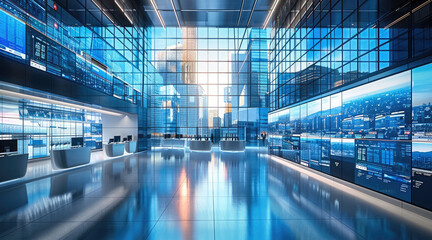 Fototapete - A hi-tech newsroom for election coverage. it have massive windows and a massive led wall.