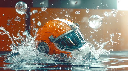 Poster - Futuristic Helmet Splashing into Water.