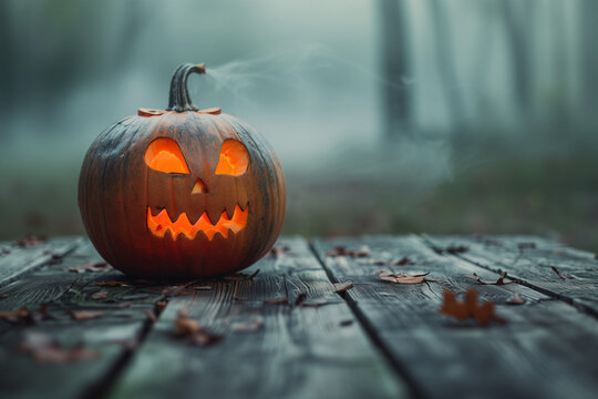 Spooky carved Halloween pumpkin Jack O lantern on a wooden table surrounded by mist. Copy space. High quality photo