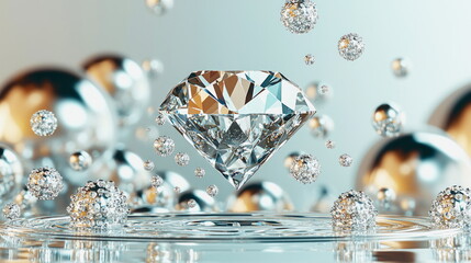 Poster - Diamond Floating in Water with Silver Spheres.