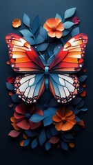 A butterfly illustrated in paper art style, featuring delicate layers and vibrant colors, creating a handcrafted look.