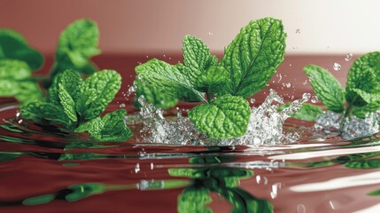 Wall Mural - Fresh Mint Leaves Splashing in Water.