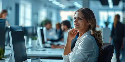 Aufkleber - Modern office filled with energized employees at their desks, seamlessly collaborating with AI tools to streamline tasks.