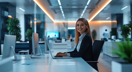 Aufkleber - Modern office filled with energized employees at their desks, seamlessly collaborating with AI tools to streamline tasks.