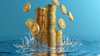 Poster - Bitcoin Coins Splashing in Water.