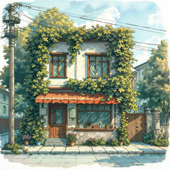 Poster - Cozy shop and cafe exterior in cartoon style. Generative AI