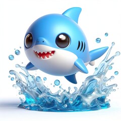 Canvas Print - A 3D cute shark, water splashes, jumps out, white background