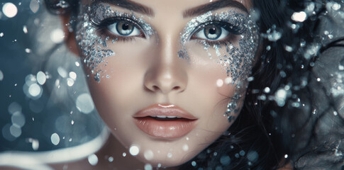 Beautiful cute sexy young mixed asian woman close-up, poured high gloss silver glittering make-up, glitter ice fantasy, celebrity, luxury premium style on silvery shiny sparkling dark blue background.