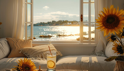 Sticker - In the living room, the beach outside, a couch with a pillow below the window, a coffee table in front of it with a sunflower and a glass of cold lemonade.