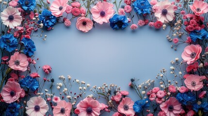 Poster - A subtle floral frame for wedding invitations with a minimal design. The flowers are in royal blue, bright pink, and white, delicately placed around the edges of the frame.