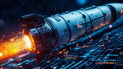 Poster - Futuristic Online Startup Concept, Rocket Launching on Digital Grid with Glowing Particles, Symbolizing Innovation, Technology, and Ambitious Business Ventures