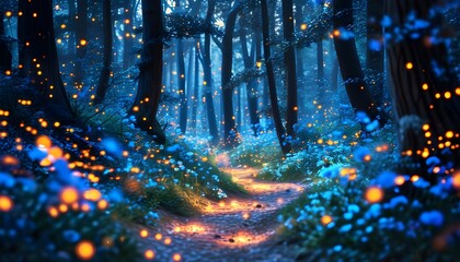 Enchanted night forest illuminated by glowing blue fireflies, vibrant flowers, and ancient trees along a mystical winding trail