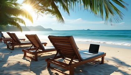 Sunny beach paradise with neatly arranged lounge chairs and a laptop inviting relaxation and creativity on the sand