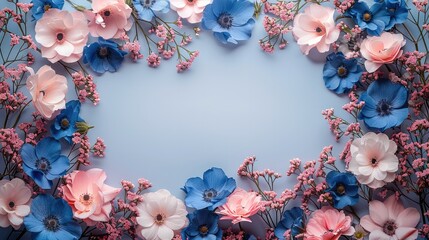 Poster - A subtle floral frame for wedding invitations with a minimal design. The flowers are in royal blue, bright pink, and white, delicately placed around the edges of the frame.