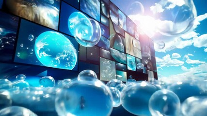 Poster - surreal digital art installation: moving screens with nature and space themes underwater in futurist