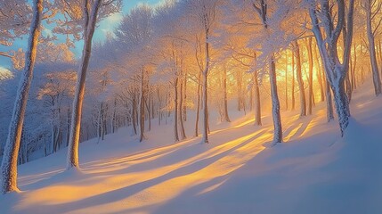 Wall Mural - A serene winter landscape with sunlight filtering through snow-covered trees, creating a tranquil atmosphere.