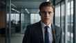 © Tengkwa - Confident Businessman in Modern Office: Portrait of a young, successful businessman in a sharp suit, exuding confidence and professionalism in a contemporary office setting.