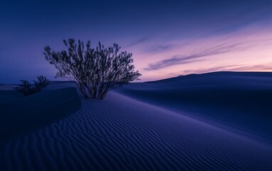 Sticker - A serene desert landscape at twilight, featuring gentle sand dunes and sparse vegetation under a colorful sky.