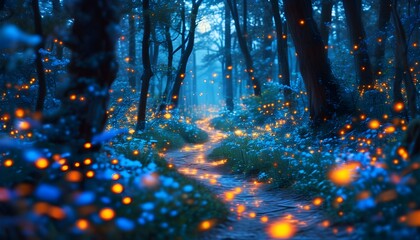 Enchanted night forest illuminated by glowing blue fireflies, vibrant flowers, and ancient trees along a mystical winding trail