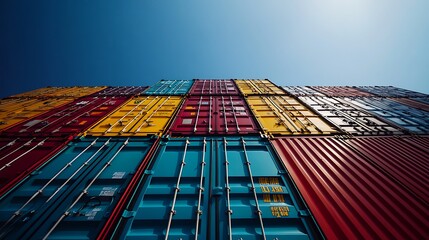 cargo containers stacked high against a clear blue sky, with shipping labels and numbers clearly visible, emphasizing their international journey