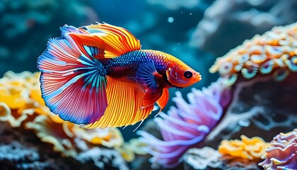 Wall Mural - Vibrant Fighting Fish Navigating a Colorful Coral Reef Filled with Anemones in Bright Yellow, Blue, and Purple Hues